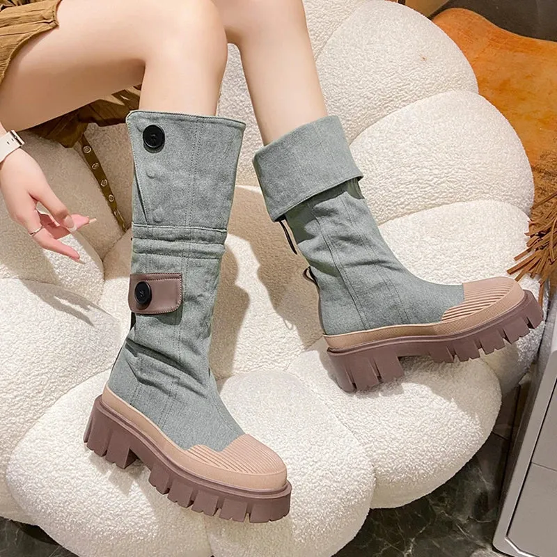 Sohiwoo Retro Denim Chunky Platform Boots Women Autumn Patchwork Western Style Cowboy Boots Woman Thick Heels Mid Calf Botas