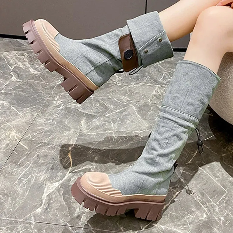 Sohiwoo Retro Denim Chunky Platform Boots Women Autumn Patchwork Western Style Cowboy Boots Woman Thick Heels Mid Calf Botas