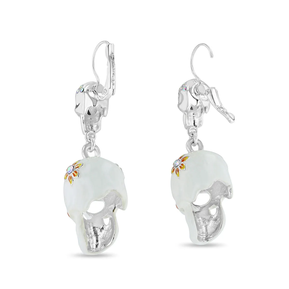 Sparkling Sugar Skull Leverback Earrings-Ritzy Couture DeLuxe-Fine Silver Plated