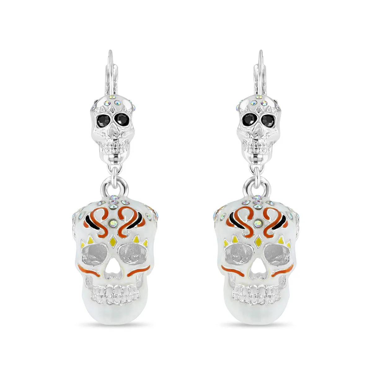 Sparkling Sugar Skull Leverback Earrings-Ritzy Couture DeLuxe-Fine Silver Plated