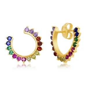 Sterling Silver Gold Plated Open Hoop Rainbow CZ Stud Earrings