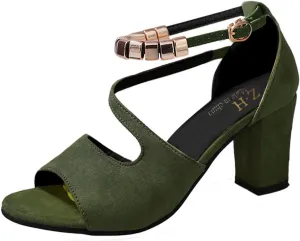 Strappy Heels for Women Open Toe Square Toe Chunky Block Heel Ankle Strap Dress Shoes
