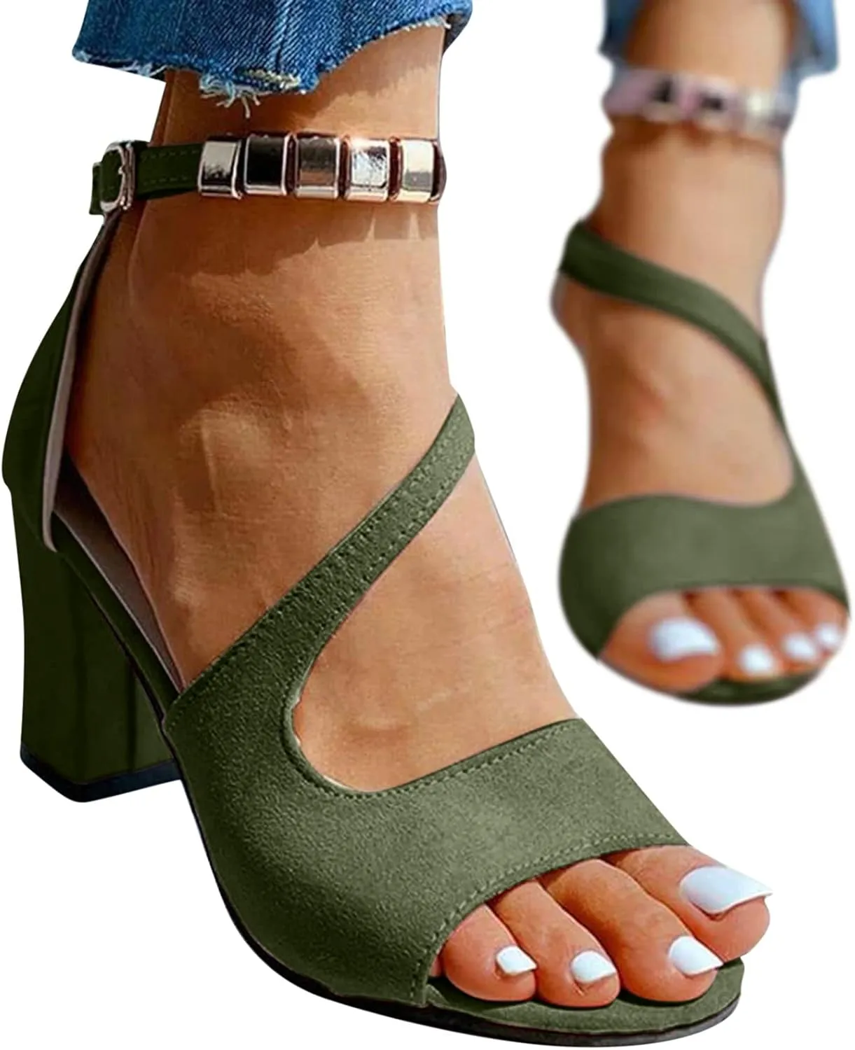 Strappy Heels for Women Open Toe Square Toe Chunky Block Heel Ankle Strap Dress Shoes