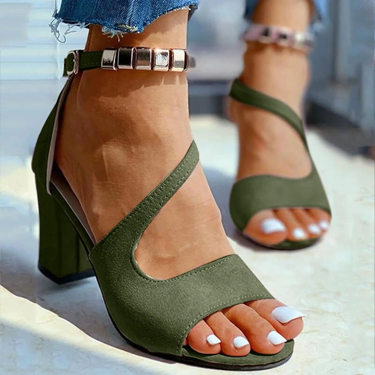 Strappy Heels for Women Open Toe Square Toe Chunky Block Heel Ankle Strap Dress Shoes