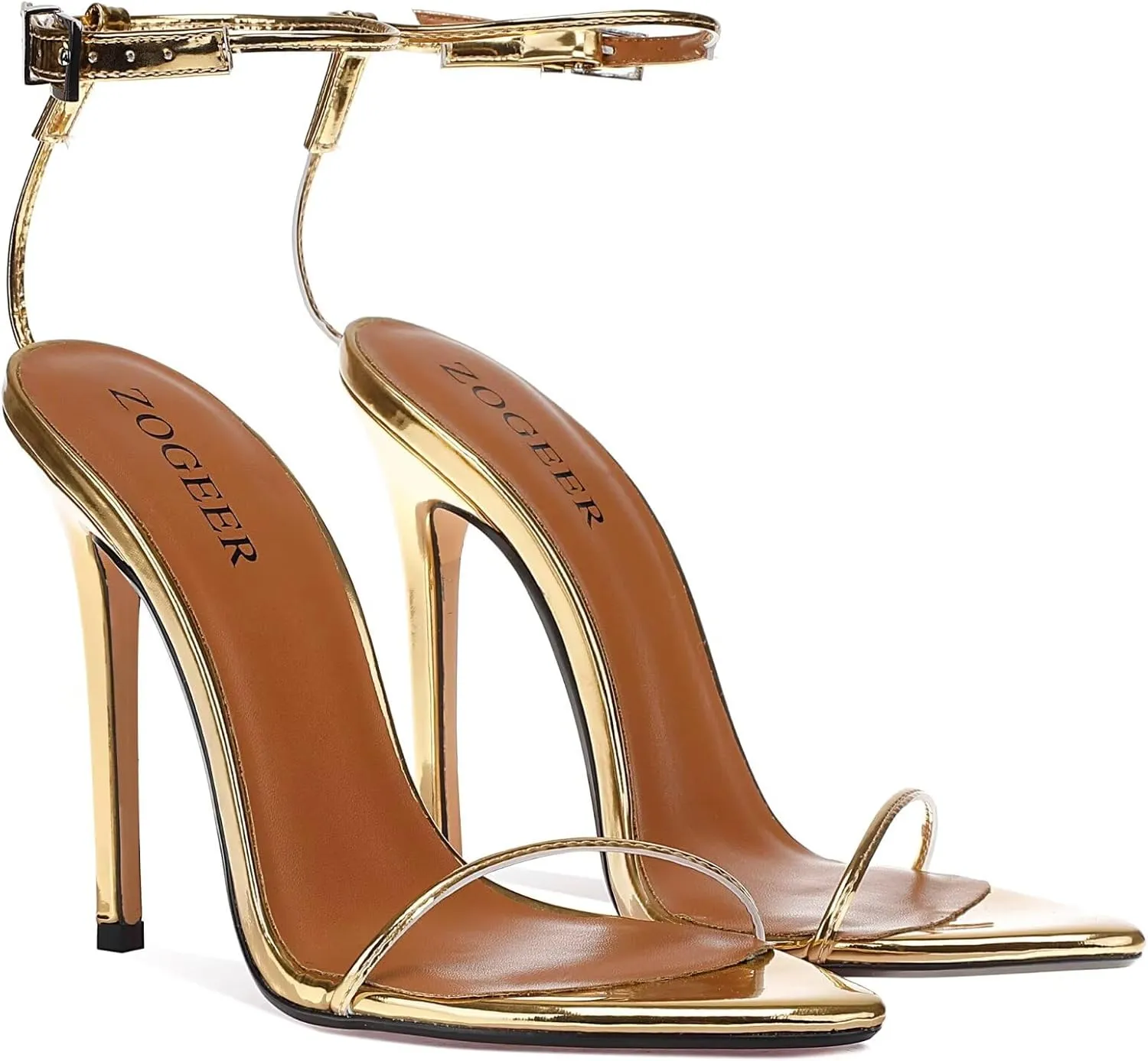 Straps Women's Gold Sandals Point Toe Strappy Heeled Sandals Wedding Dance Shoes Female
