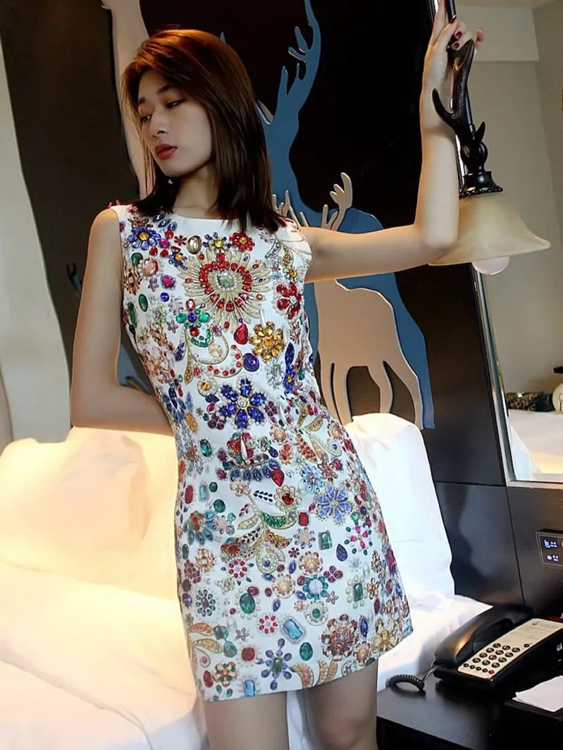 Stunning Hand-Embellished Jewel-Inspired Sleeveless Mini Dress
