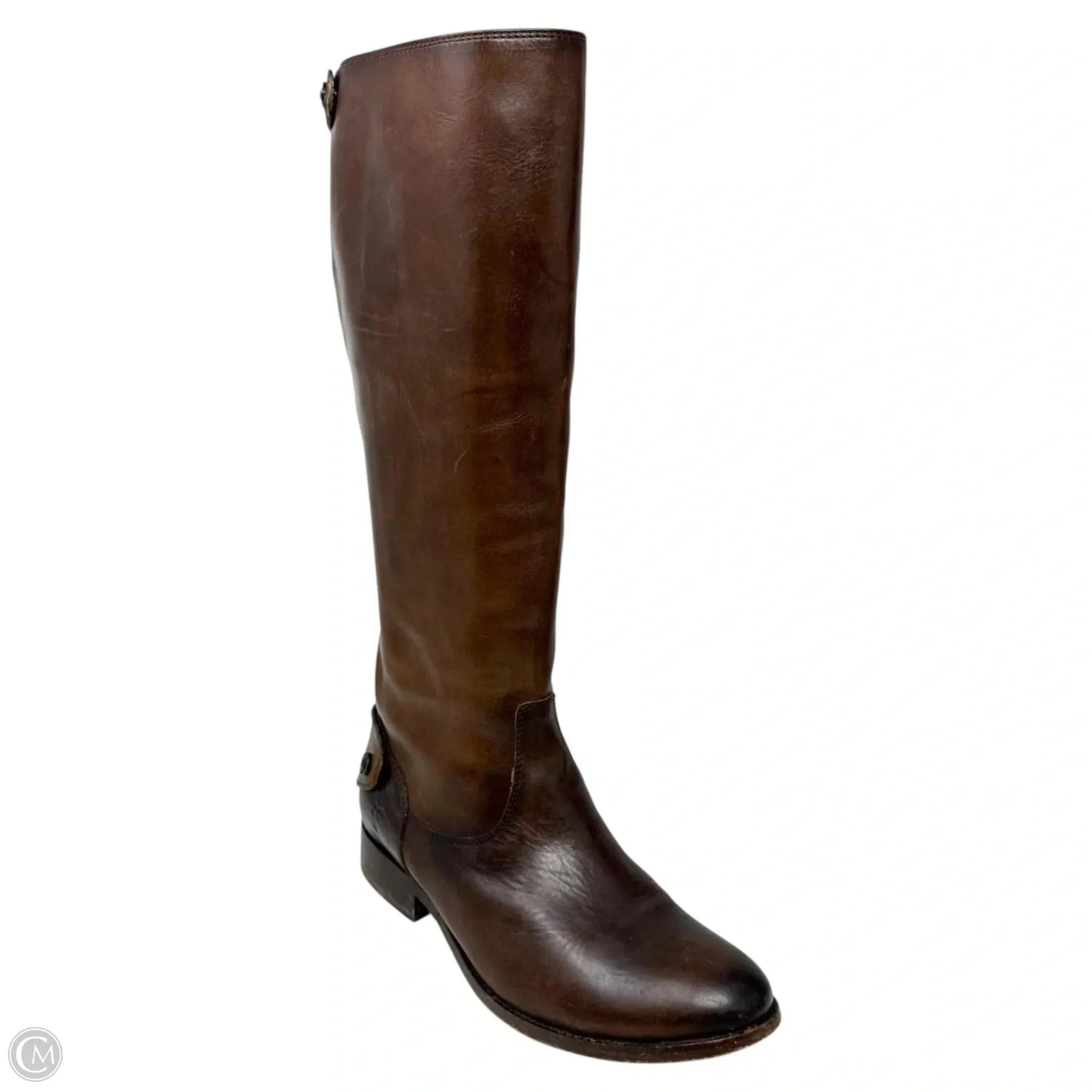 Family Time Padded Tongue Melissa Button Back Zip Tall Riding Brown Boots Designer By Frye In Cognac, Size: 7