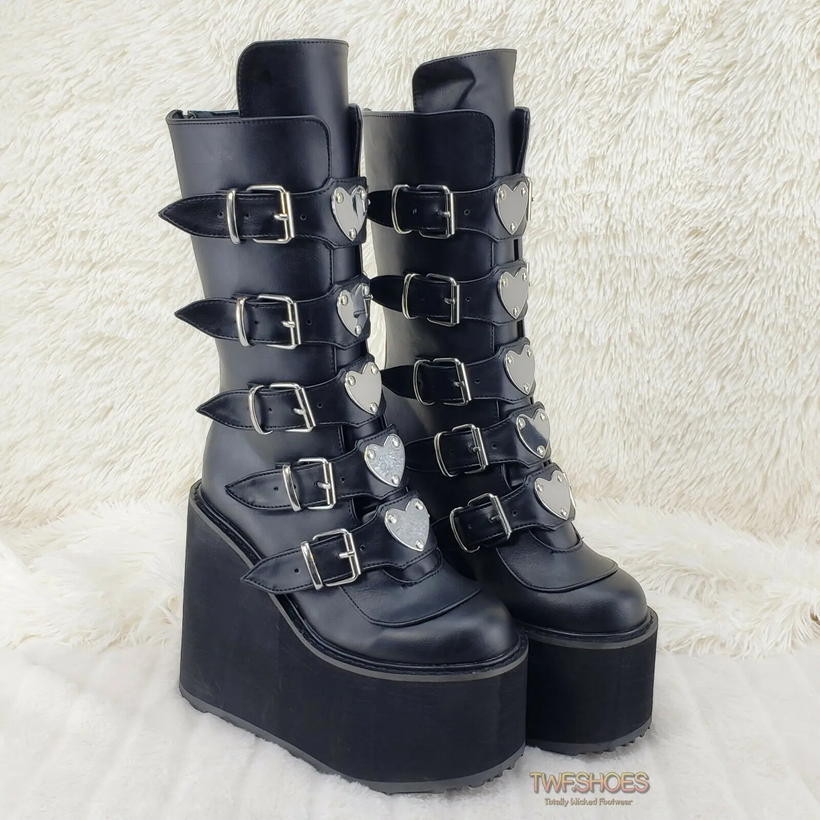 Swing 230 Black Mid Calf Boot 5.5" Platform Heart Strap Design Goth
