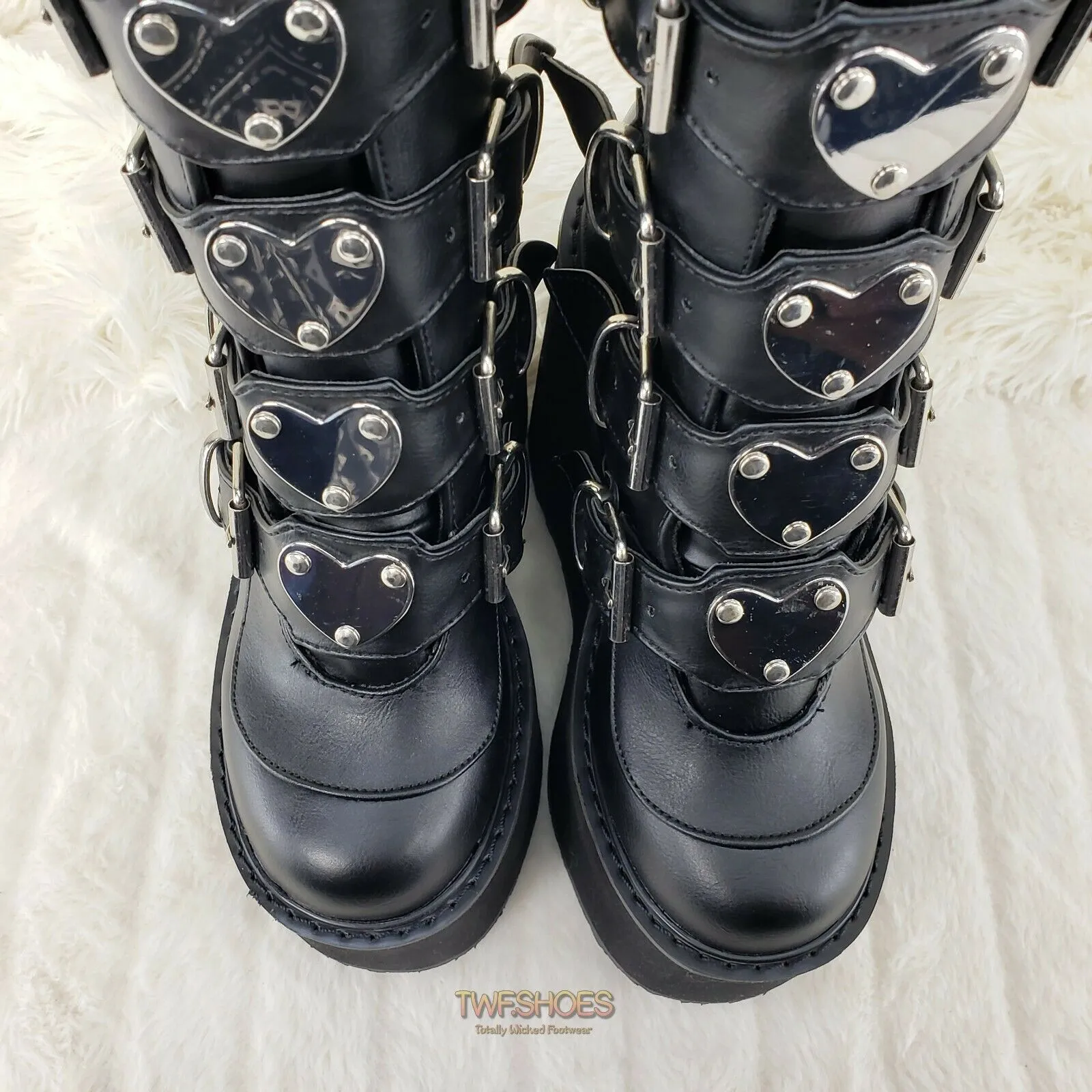 Swing 230 Black Mid Calf Boot 5.5" Platform Heart Strap Design Goth