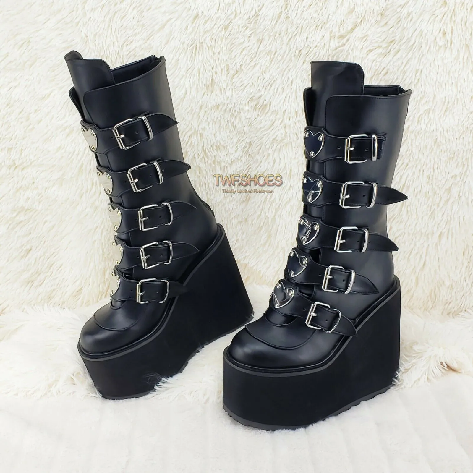 Swing 230 Black Mid Calf Boot 5.5" Platform Heart Strap Design Goth