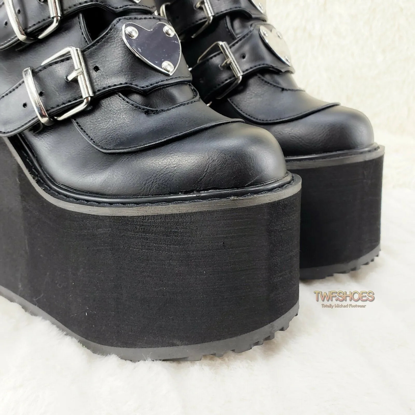 Swing 230 Black Mid Calf Boot 5.5" Platform Heart Strap Design Goth