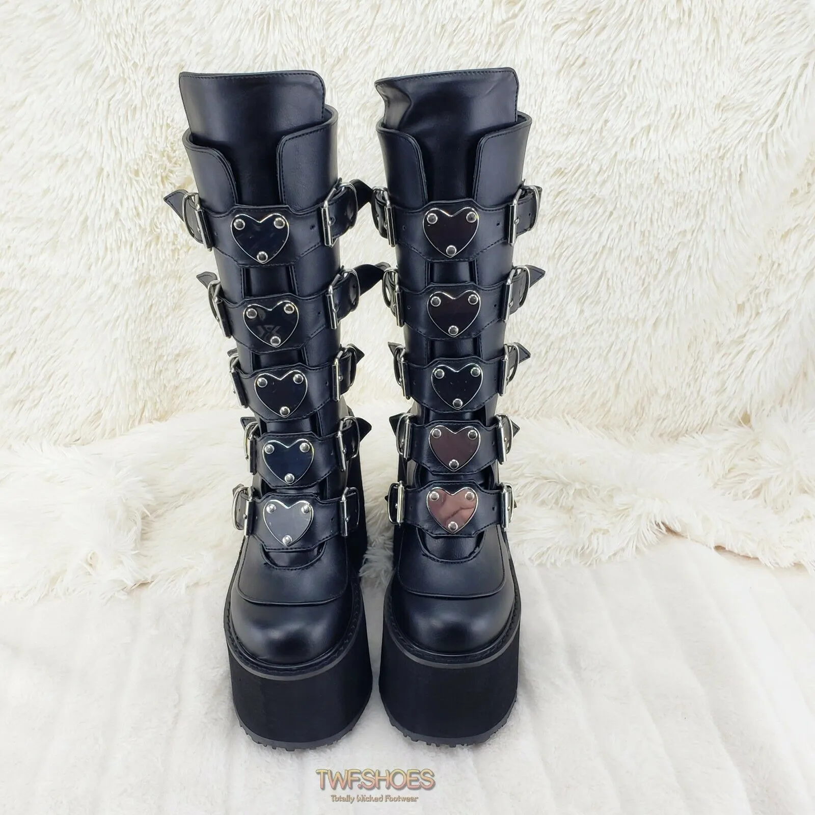 Swing 230 Black Mid Calf Boot 5.5" Platform Heart Strap Design Goth