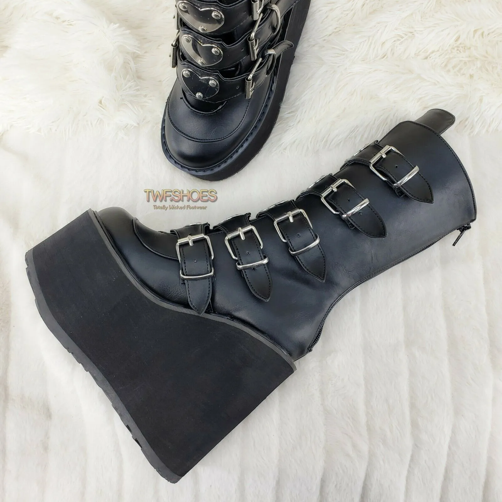 Swing 230 Black Mid Calf Boot 5.5" Platform Heart Strap Design Goth