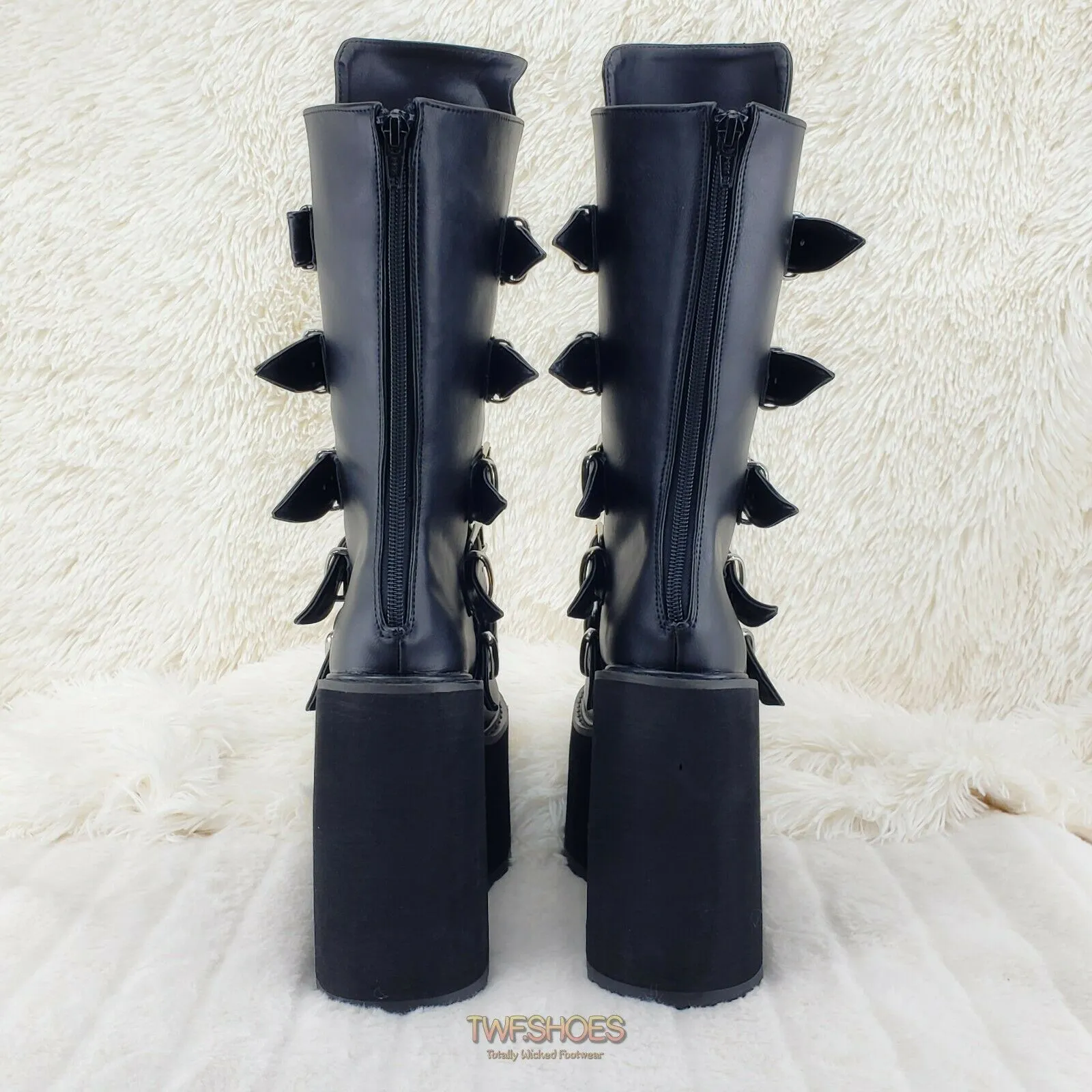 Swing 230 Black Mid Calf Boot 5.5" Platform Heart Strap Design Goth