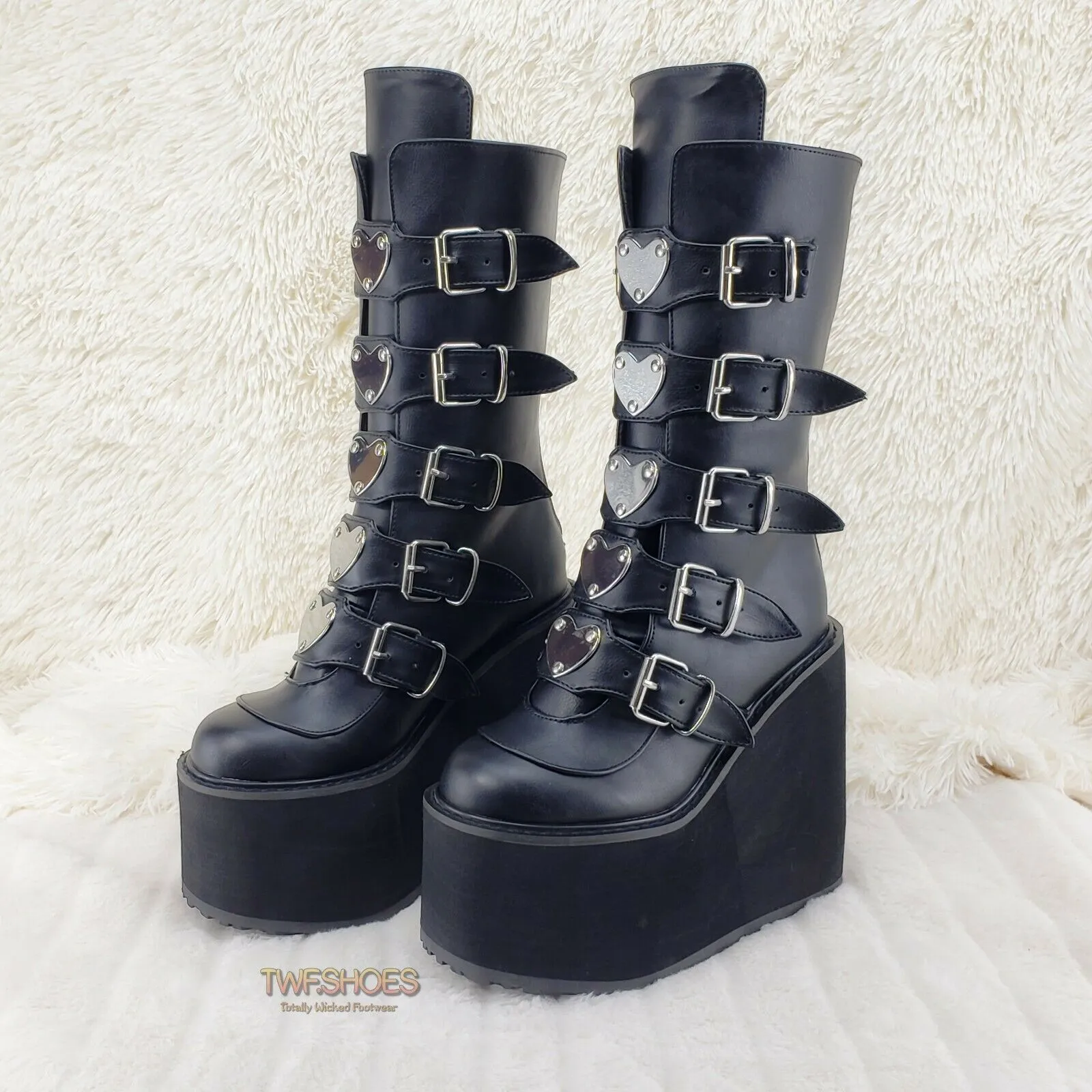 Swing 230 Black Mid Calf Boot 5.5" Platform Heart Strap Design Goth