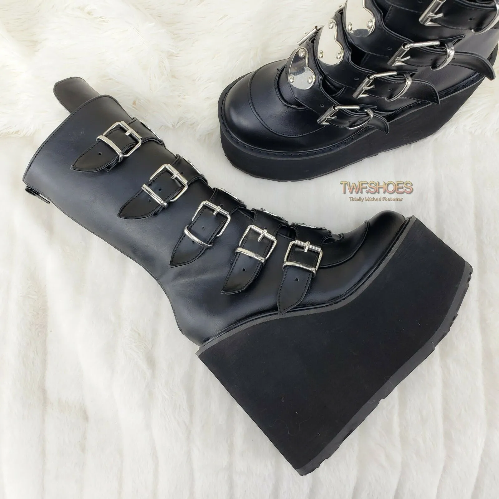 Swing 230 Black Mid Calf Boot 5.5" Platform Heart Strap Design Goth
