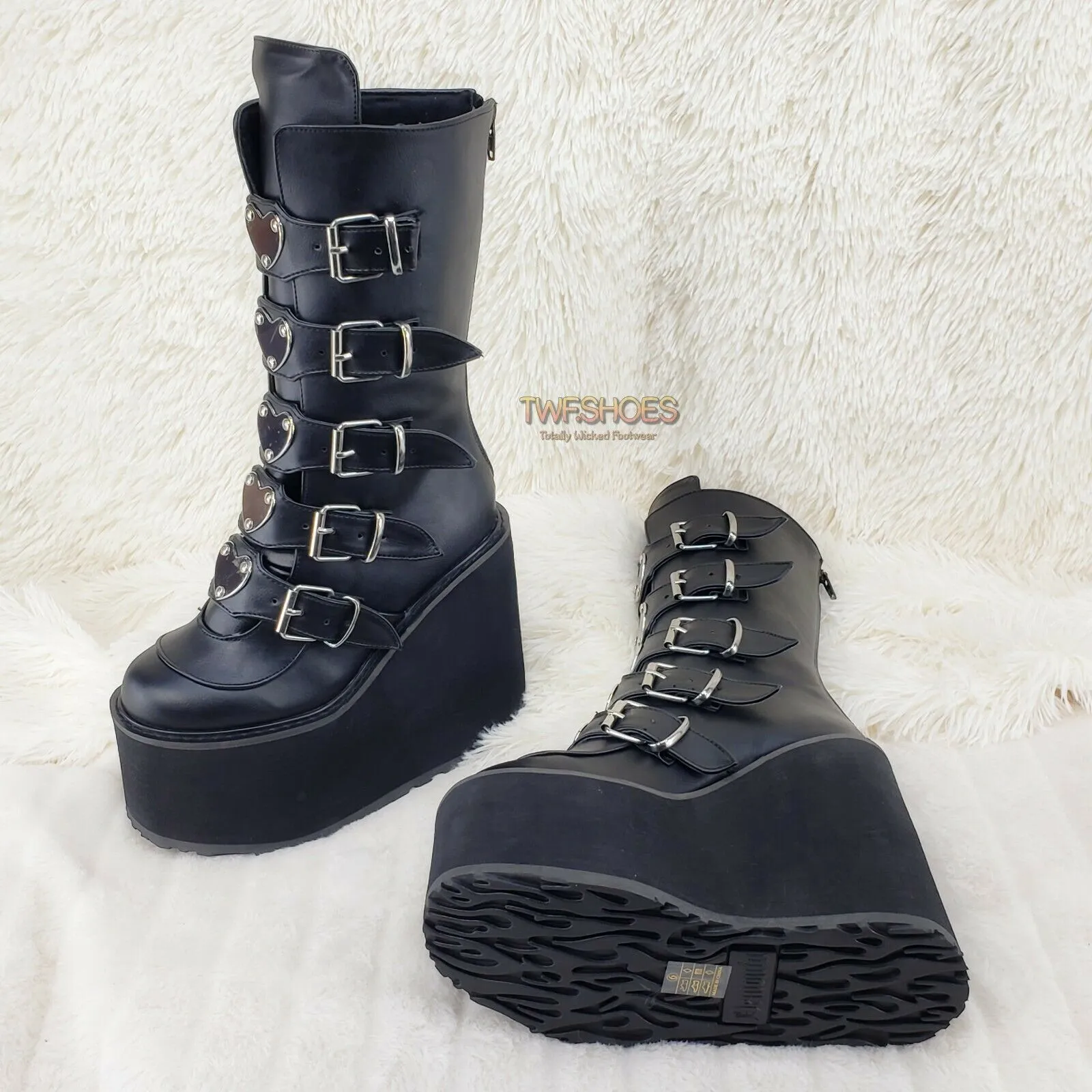 Swing 230 Black Mid Calf Boot 5.5" Platform Heart Strap Design Goth
