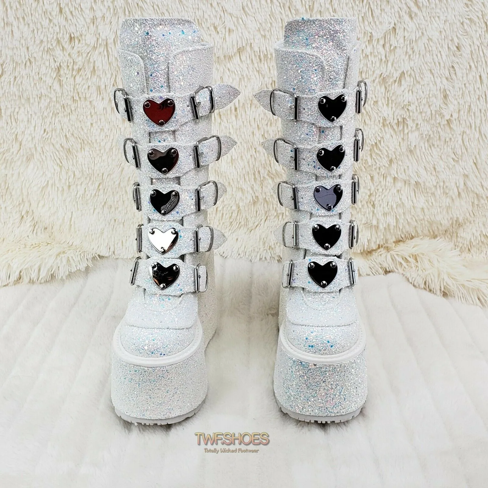 Swing 230G White Multi Glitter Mid Calf Boot 5.5" Platform Heart Strap 6-12 NY