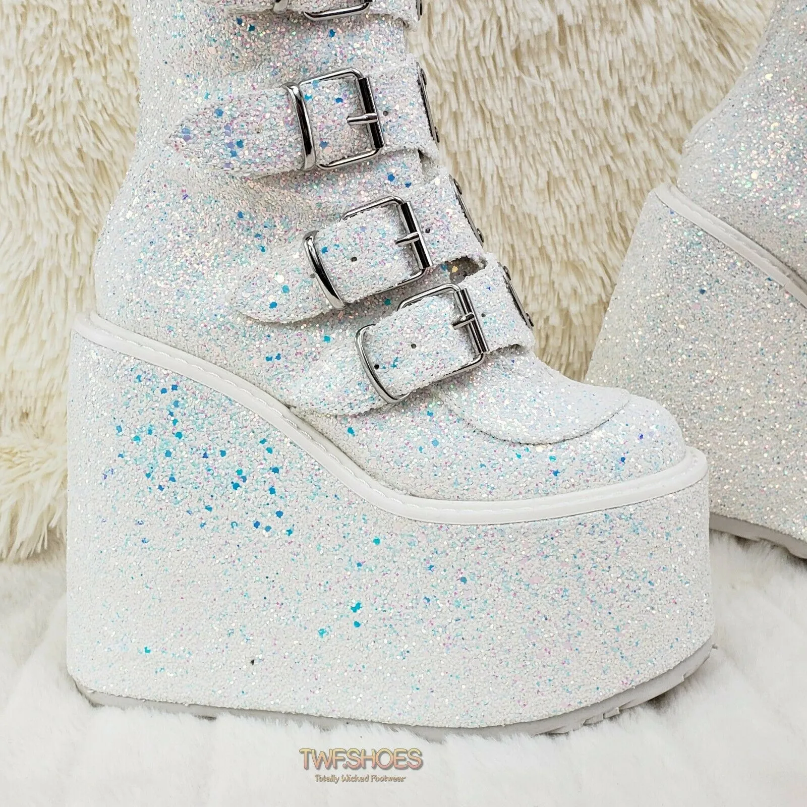 Swing 230G White Multi Glitter Mid Calf Boot 5.5" Platform Heart Strap 6-12 NY