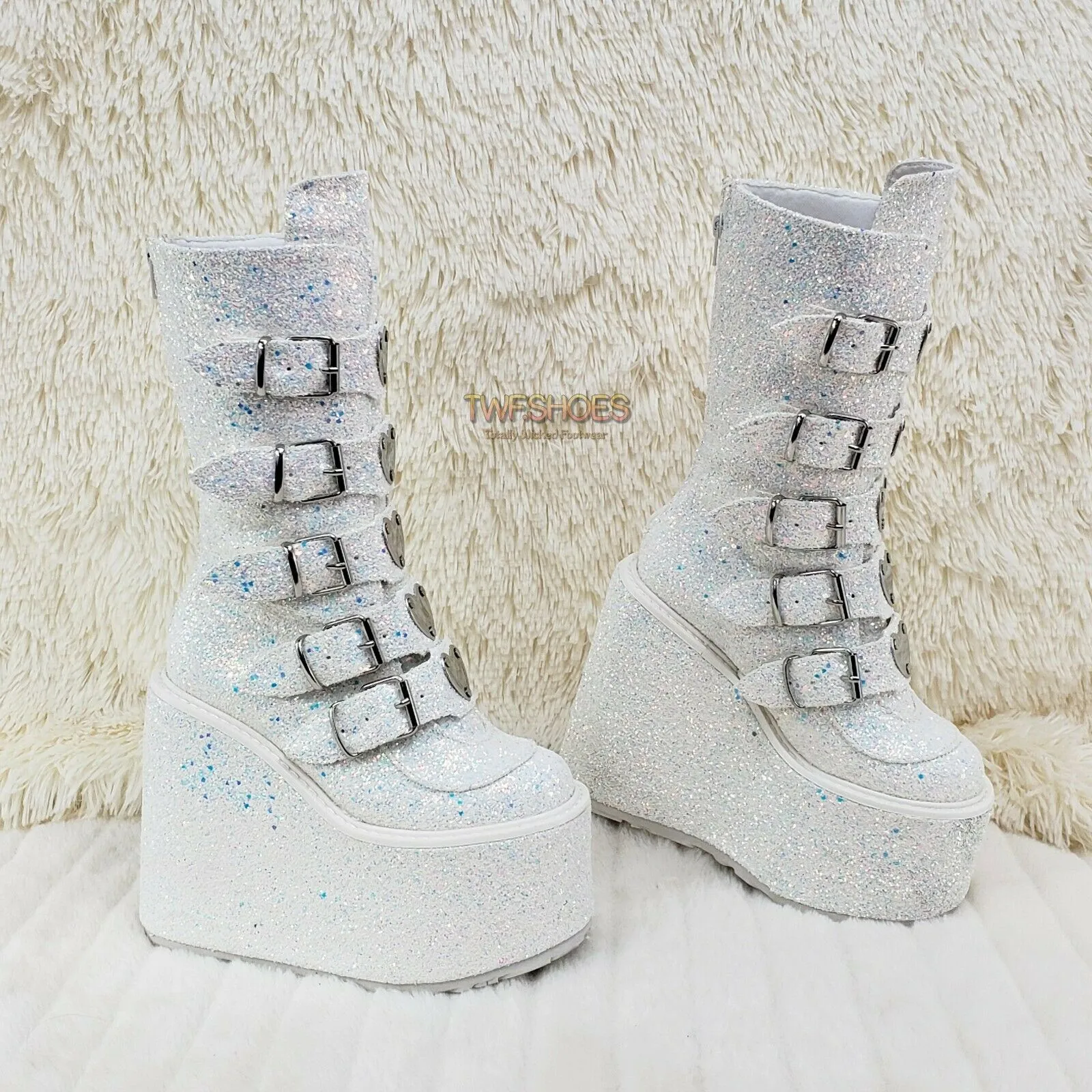 Swing 230G White Multi Glitter Mid Calf Boot 5.5" Platform Heart Strap 6-12 NY