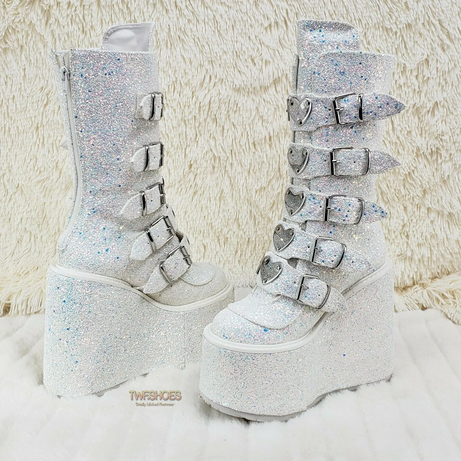 Swing 230G White Multi Glitter Mid Calf Boot 5.5" Platform Heart Strap 6-12 NY