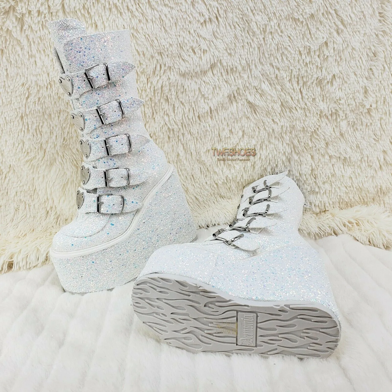 Swing 230G White Multi Glitter Mid Calf Boot 5.5" Platform Heart Strap 6-12 NY