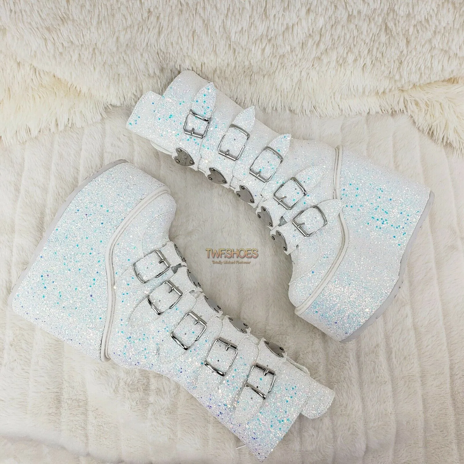 Swing 230G White Multi Glitter Mid Calf Boot 5.5" Platform Heart Strap 6-12 NY