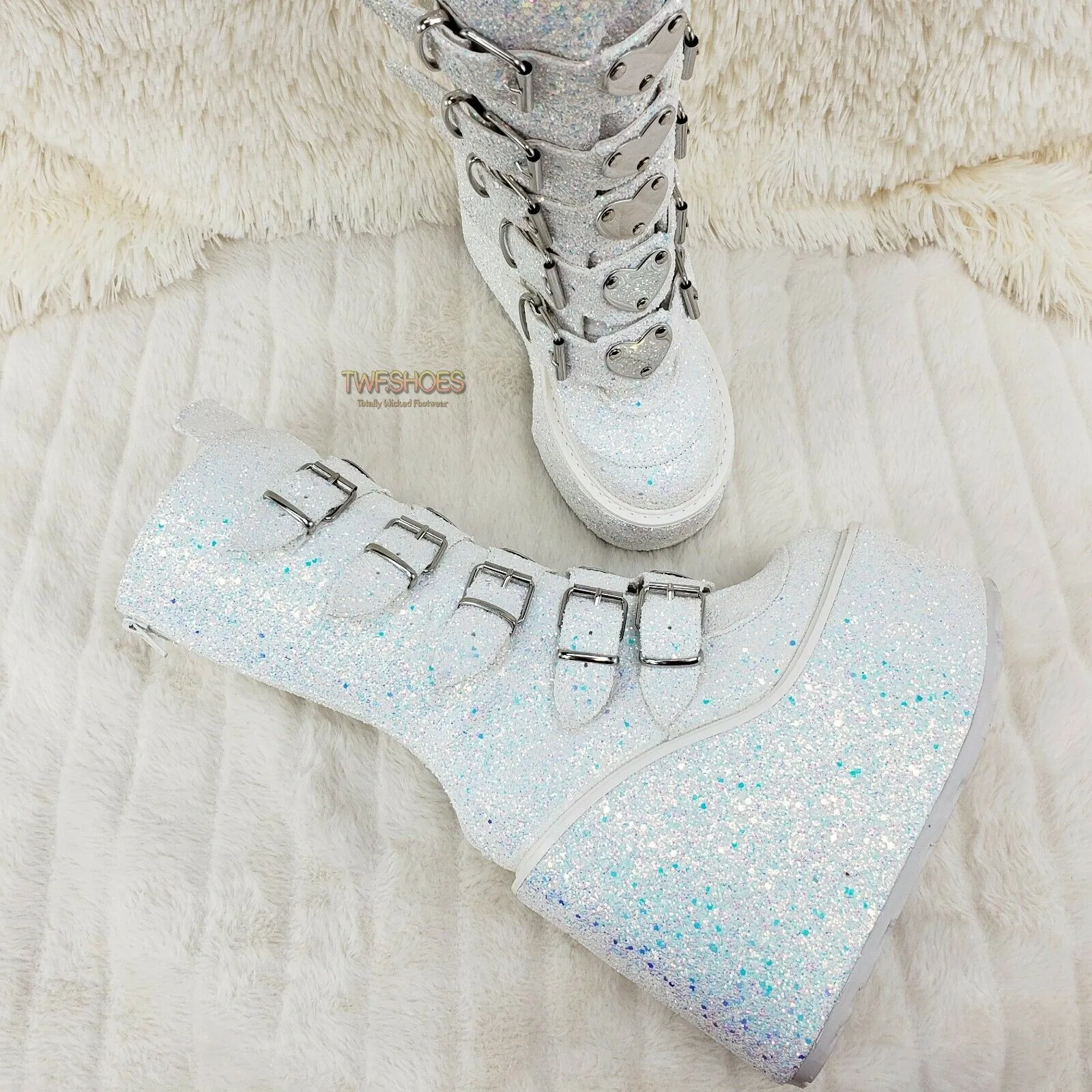 Swing 230G White Multi Glitter Mid Calf Boot 5.5" Platform Heart Strap 6-12 NY