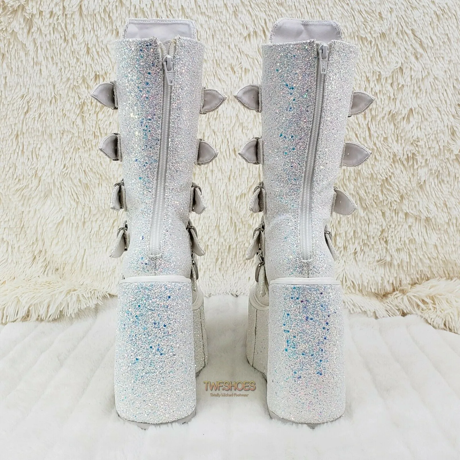 Swing 230G White Multi Glitter Mid Calf Boot 5.5" Platform Heart Strap 6-12 NY