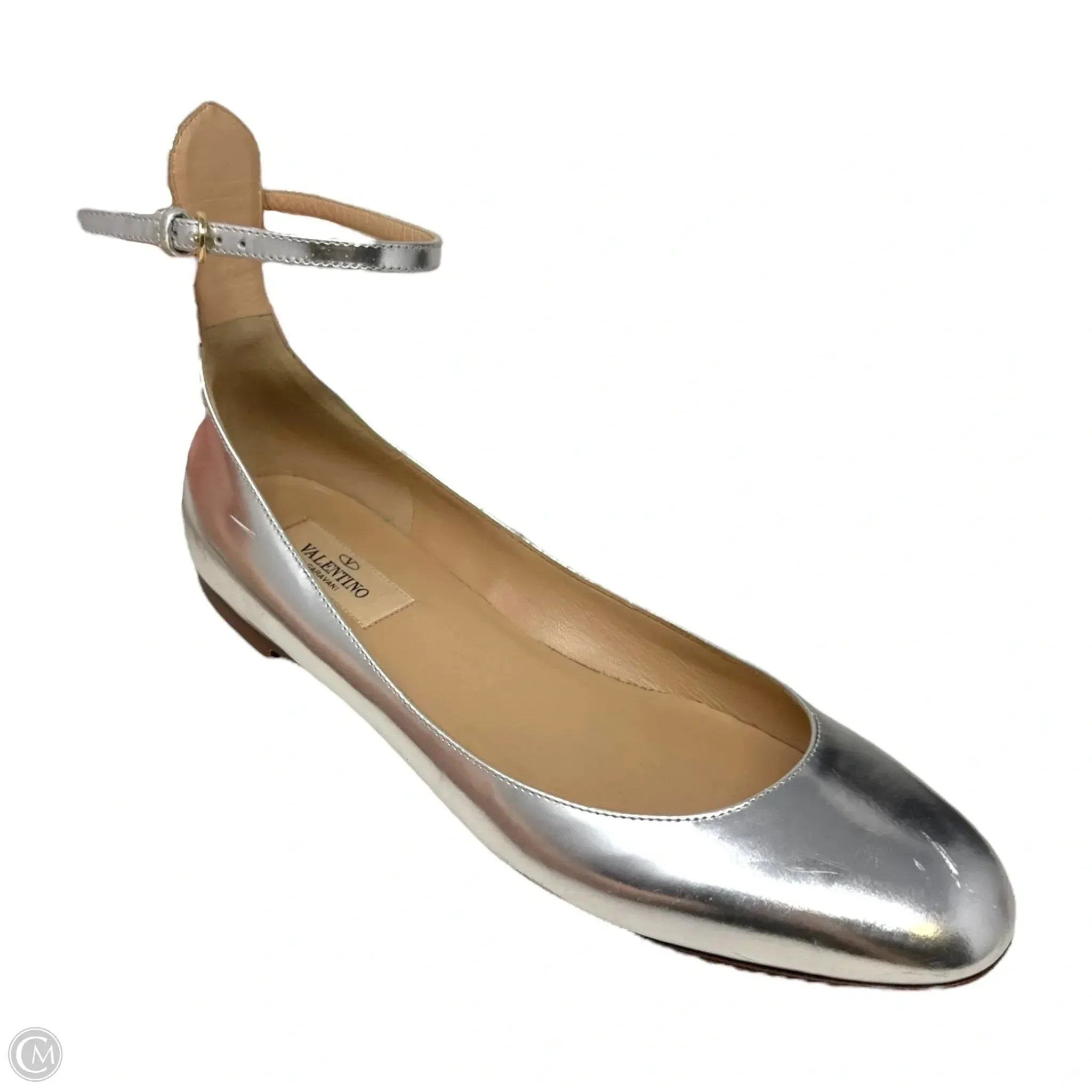 Tango Metallic Ankle Strap Flats Shoes Luxury Designer By Valentino-garavani In Silver, Size: 8 Quality Any Path
