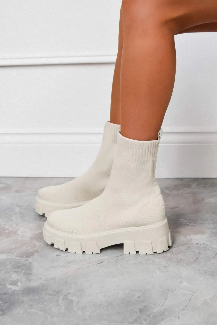 TASMIN Chunky Sock Fit Ankle Boots - Beige