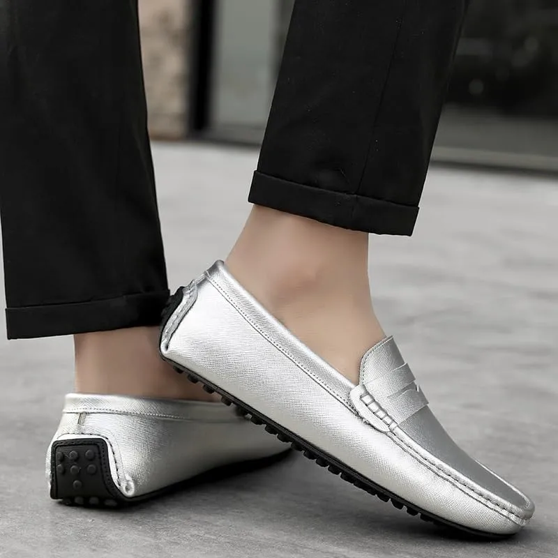 TAYGUM Men's Loafers Genuine Leather Stitching Details Penny Driving Loafer Comfortable Lightweight Flat Heel Classic Slip On(Silver,9)