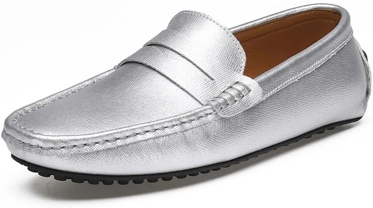 TAYGUM Men's Loafers Genuine Leather Stitching Details Penny Driving Loafer Comfortable Lightweight Flat Heel Classic Slip On(Silver,9)
