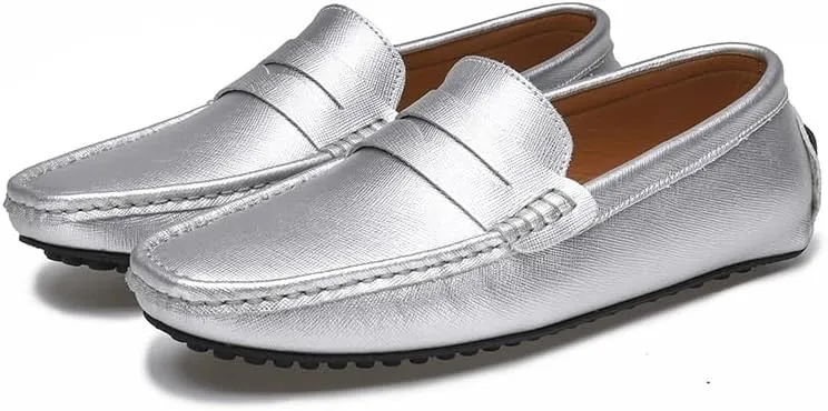TAYGUM Men's Loafers Genuine Leather Stitching Details Penny Driving Loafer Comfortable Lightweight Flat Heel Classic Slip On(Silver,9)