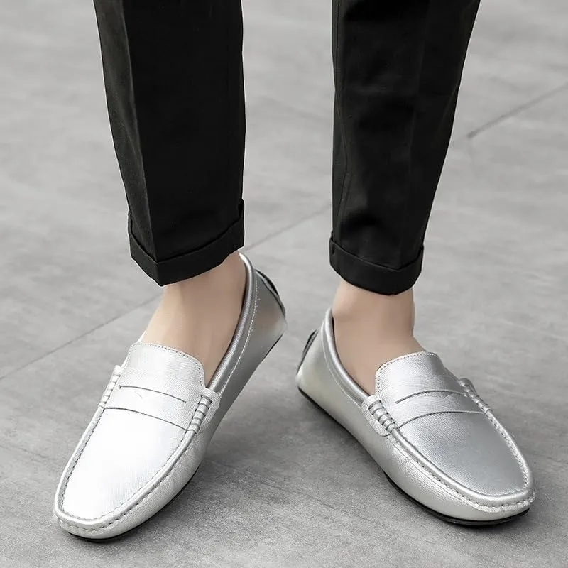 TAYGUM Men's Loafers Genuine Leather Stitching Details Penny Driving Loafer Comfortable Lightweight Flat Heel Classic Slip On(Silver,9)