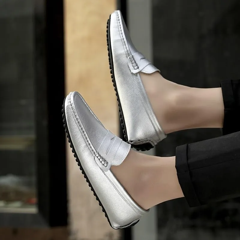 TAYGUM Men's Loafers Genuine Leather Stitching Details Penny Driving Loafer Comfortable Lightweight Flat Heel Classic Slip On(Silver,9)