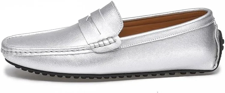 TAYGUM Men's Loafers Genuine Leather Stitching Details Penny Driving Loafer Comfortable Lightweight Flat Heel Classic Slip On(Silver,9)