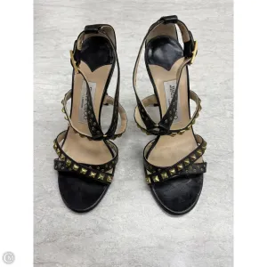 mesh construction Sandals Luxury Designer By Jimmy Choo In Black & Gold, Size: 6