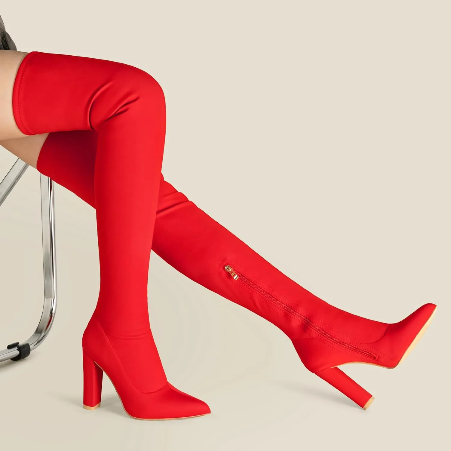 Thigh High Boots for Women Chunky High Heel Over The Knee Boots Stretch Pointed Toe GO GO Knee High Boot
