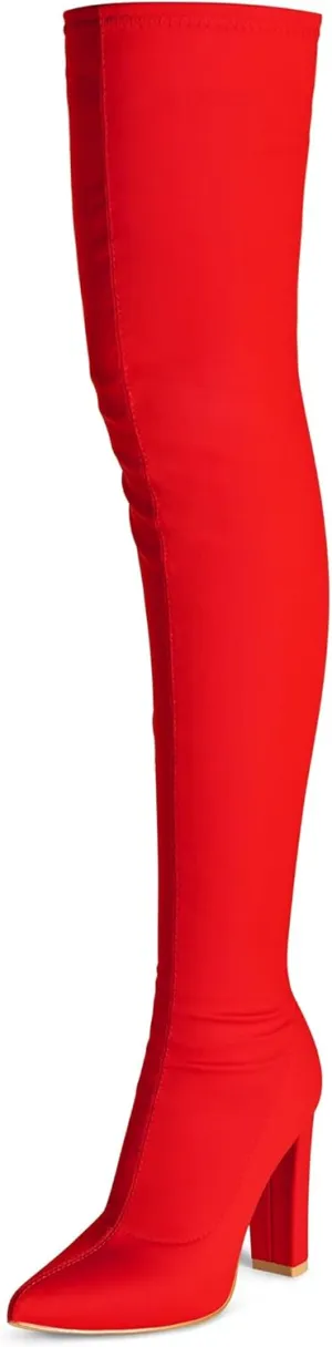 Thigh High Boots for Women Chunky High Heel Over The Knee Boots Stretch Pointed Toe GO GO Knee High Boot