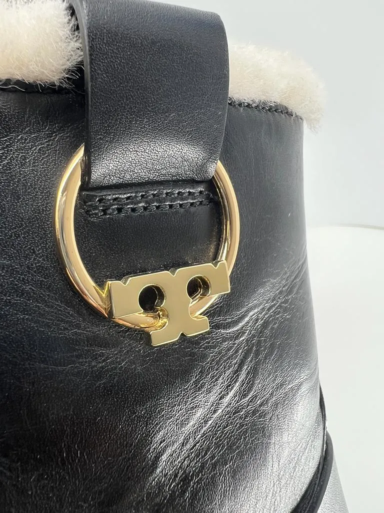 TORY BURCH MOTO HENRY SHEARLING LINED ANKLE HARNESS BOOTS