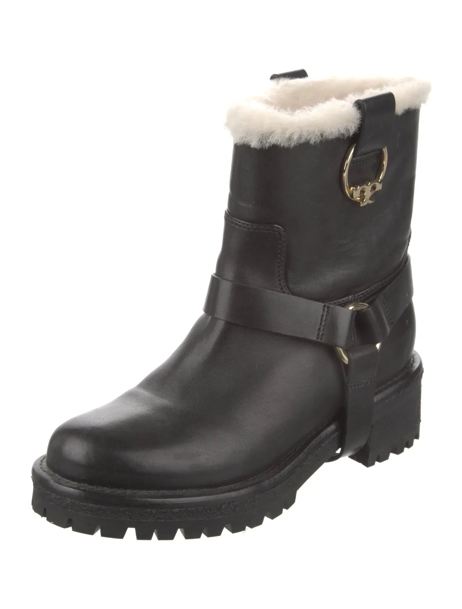 TORY BURCH MOTO HENRY SHEARLING LINED ANKLE HARNESS BOOTS