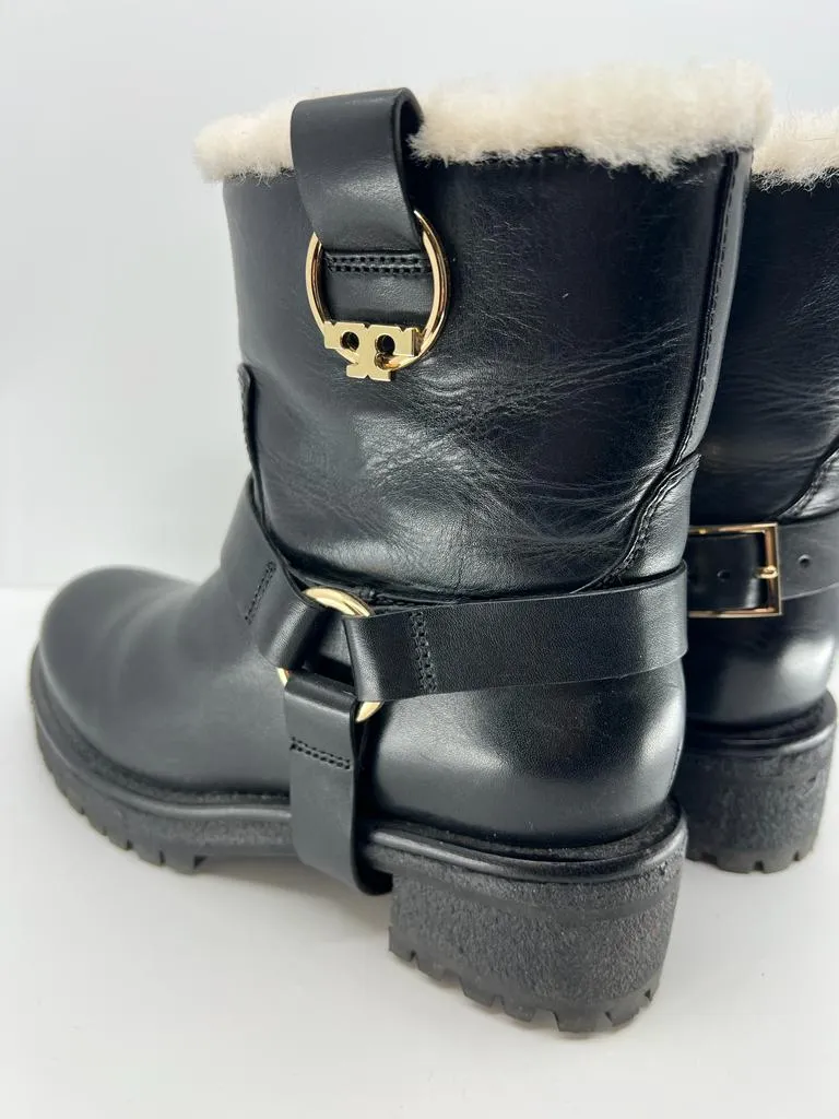 TORY BURCH MOTO HENRY SHEARLING LINED ANKLE HARNESS BOOTS