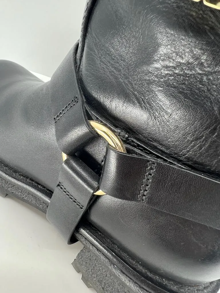 TORY BURCH MOTO HENRY SHEARLING LINED ANKLE HARNESS BOOTS