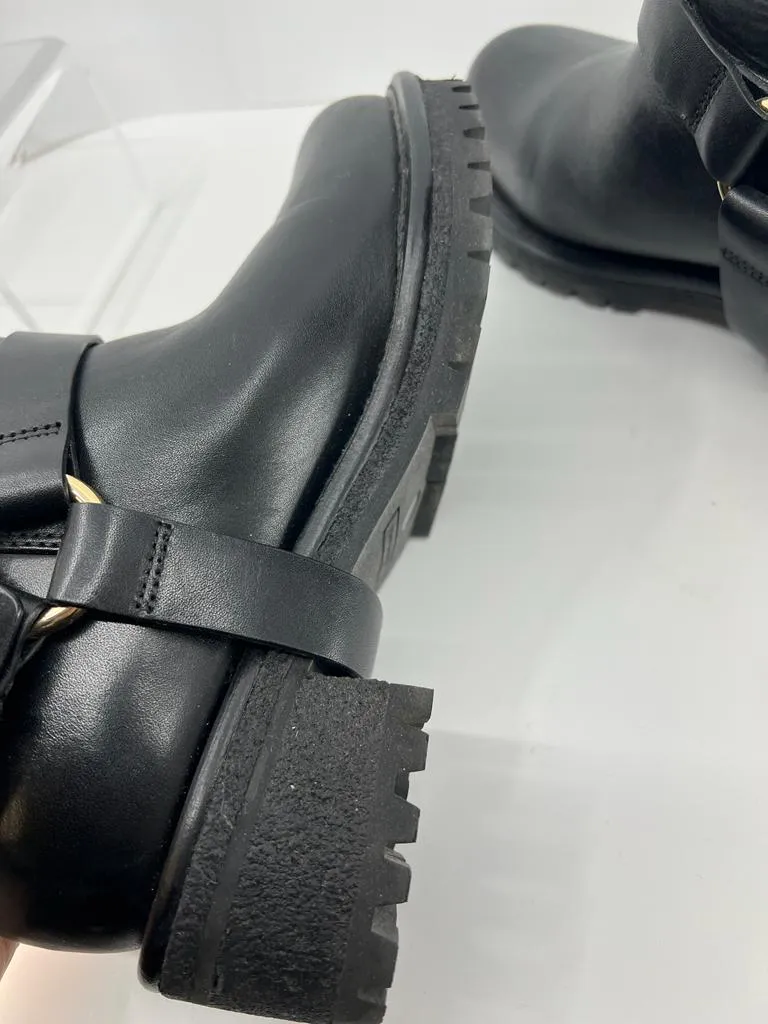 TORY BURCH MOTO HENRY SHEARLING LINED ANKLE HARNESS BOOTS