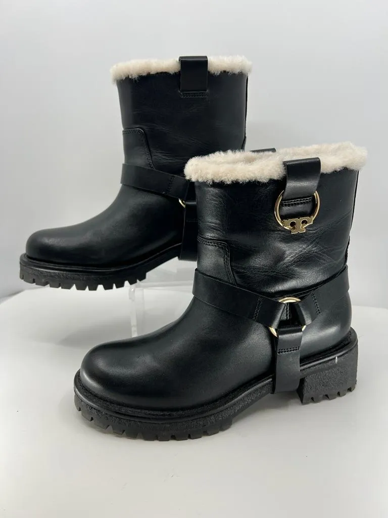 TORY BURCH MOTO HENRY SHEARLING LINED ANKLE HARNESS BOOTS