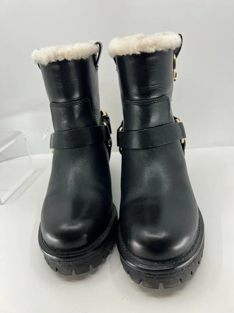 TORY BURCH MOTO HENRY SHEARLING LINED ANKLE HARNESS BOOTS