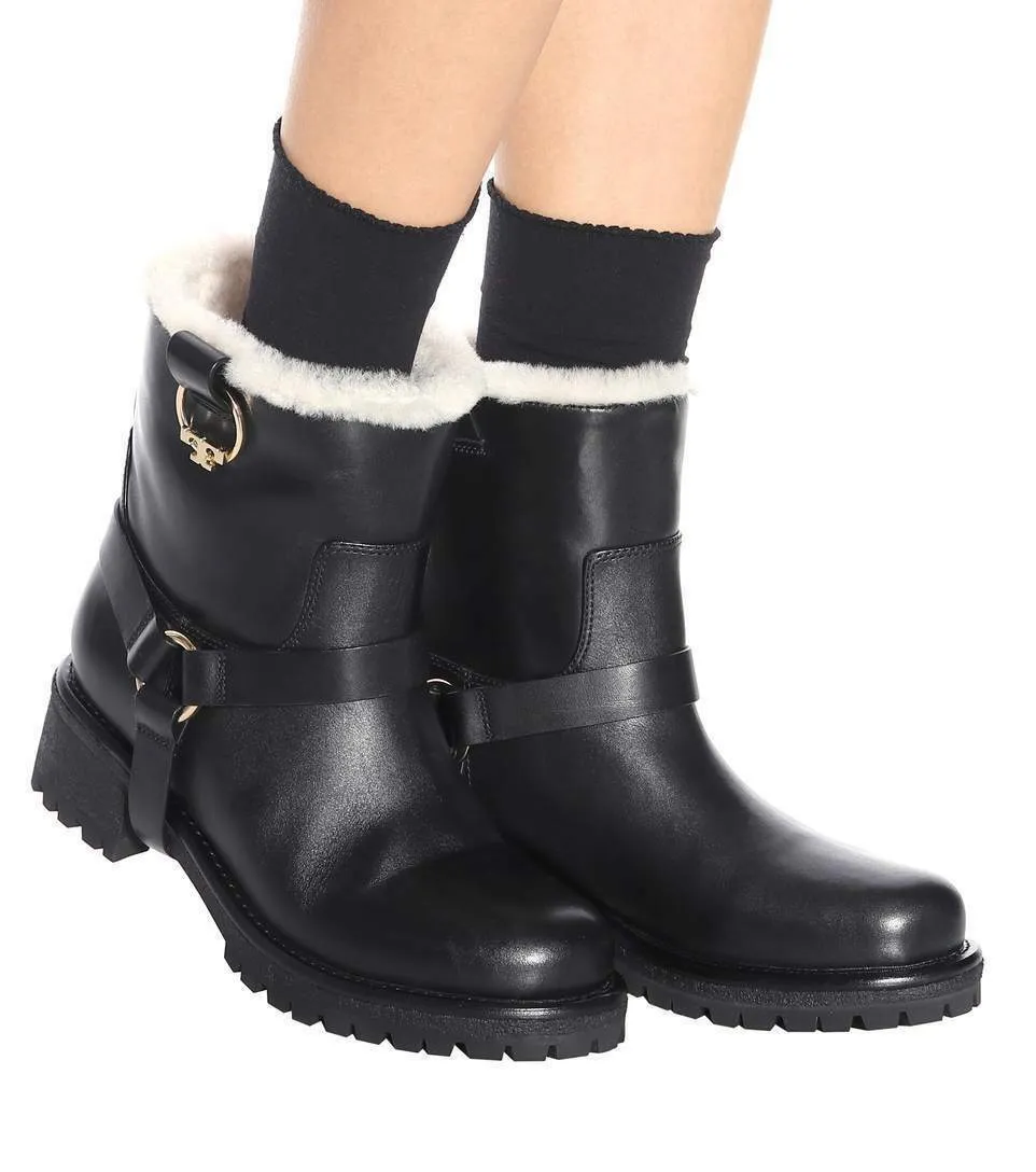 TORY BURCH MOTO HENRY SHEARLING LINED ANKLE HARNESS BOOTS
