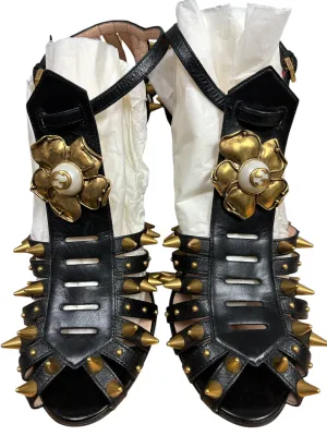 Sandals Luxury Designer By Gucci In Black & Gold, Size: 10 Easy To Clean