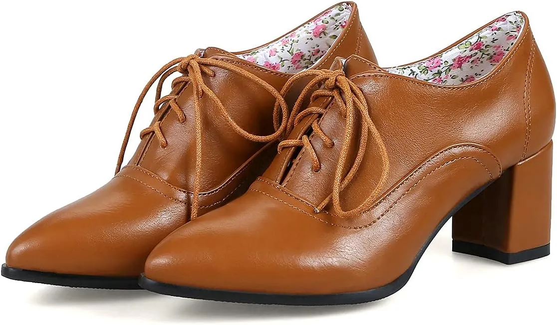 Trendenzy Women's Lace Up Oxford Heels Vintage Shoes Pointed Toe Chunky Block Heel Pumps